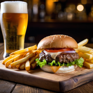 ai generated, beer, glass, drink, hamburger, burger, menu, fries, meal, bar, food