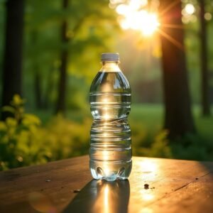 A bottle of water sitting on top of a wooden table