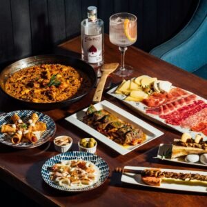 a table with food and drinks on it